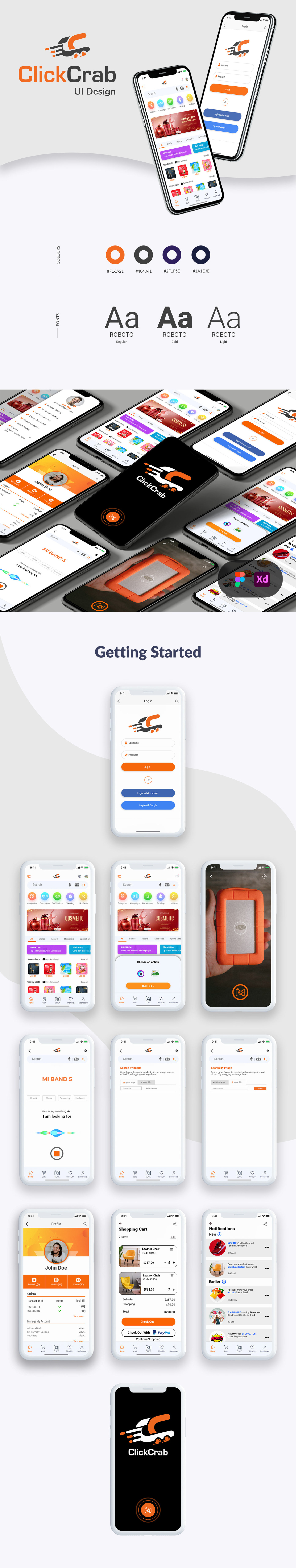 Clickcrab E-commerce application Design app app design branding creative design design e commerce figma figma designer graphic design illustration mobile app design mobile application design ui ui design ui designer uiux user experience userinterface ux design