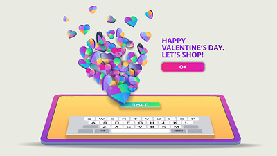 A lot of small colored hearts fly out of the sale button on the graphic