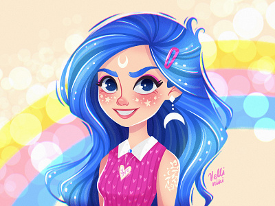 Star girl at the party. Character Illustration. art artist blue character concept design female feminine funny girl illustration moon party pink rainbow star woman