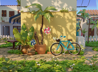 Sunny day 3d bicycle bike character design graphic design illustration palm sun