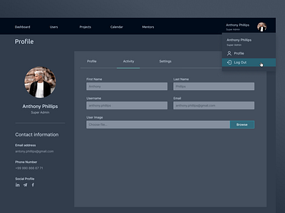 Admin panel Concept Profile admin panel app branding dashboard graphic design illustration log out profile ui ux