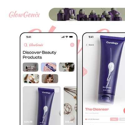 GlowGenix - Mobile App Ui app design app ui beauty app beauty app ui beauty products design figma glowgenix glowgenix ui hire me mobile app ui skin care skin care products ui ui ux