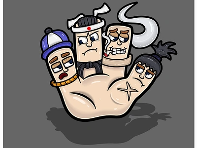 Cartoon Faces In Hand. Rapper, Taekwondo, Smoker And Samurai. branding graphic design logo