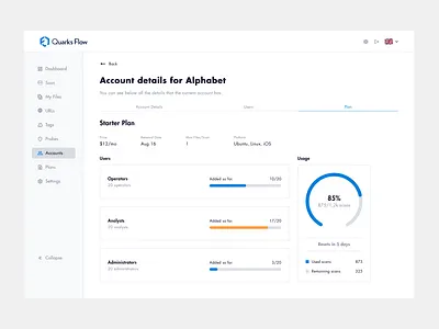 Account Plan [QF] app dashboard details money plans security tenant usage users web