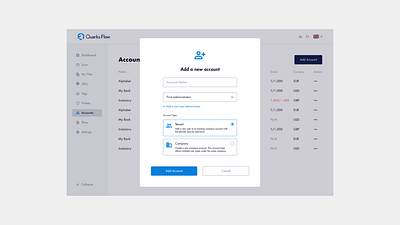 Add a new account [QF] account account type admin company creation enterprise new account secure user