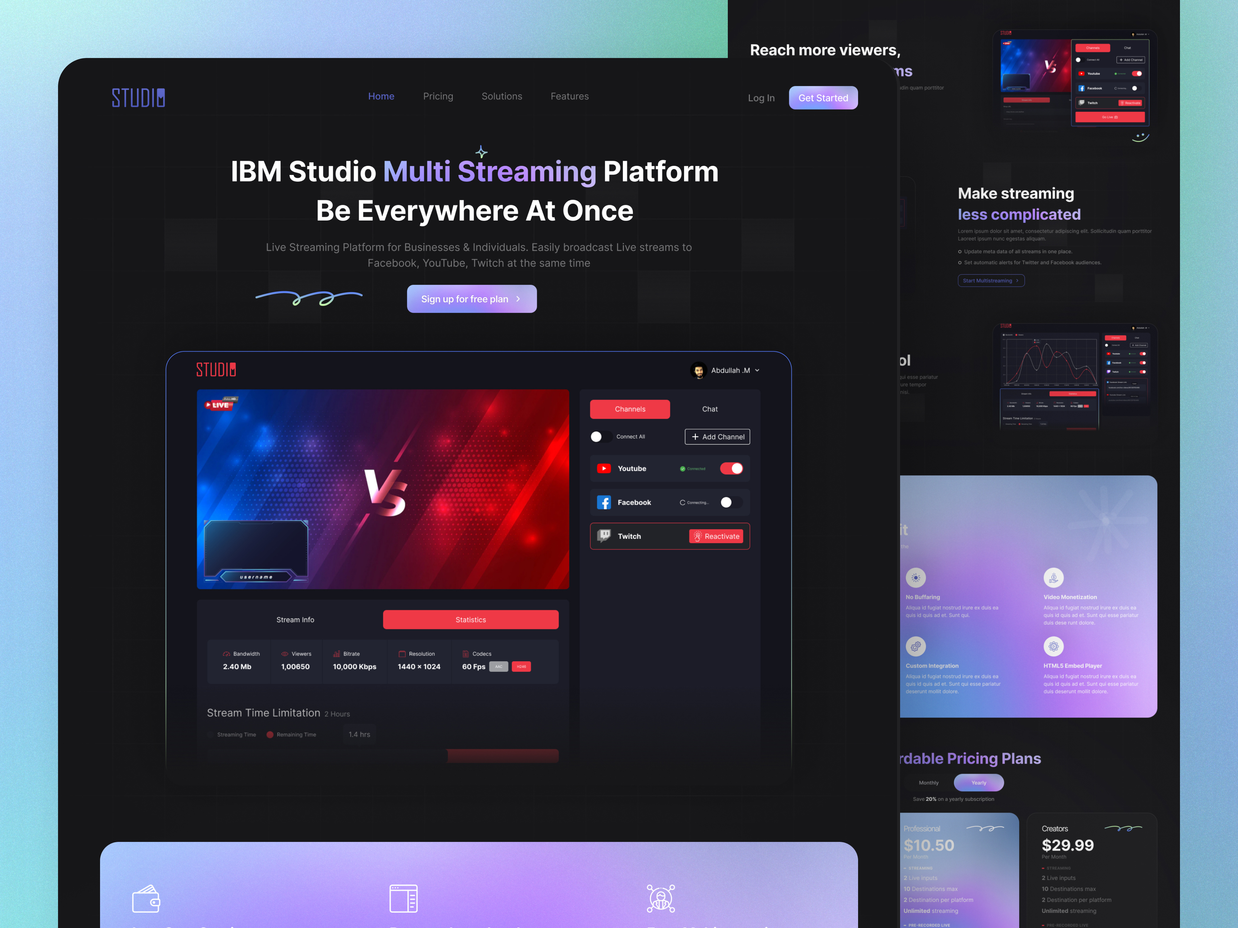 Multi Streaming Landing page dark home page landing page live stream minimal modern multi stream saas trendy ui user interface web design website