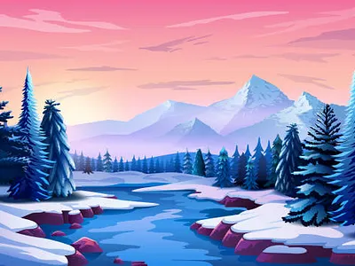 Beautiful Winter Landscape with Trees, Mountains and Sunset blue design forest illustration landscape mountain nature red river snow sun trees vector