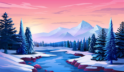 Beautiful Winter Landscape with Trees, Mountains and Sunset blue design forest illustration landscape mountain nature red river snow sun trees vector
