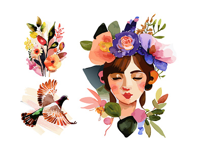 Floral godess illustration birds character colorful creative divine flat floral flowers foliage free illustration godess happy horoscope illustration illustrations paint pigeon vector watercolor woman