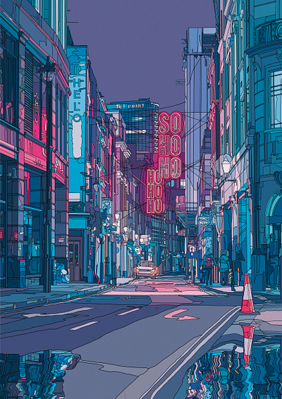 SOHO architecture art city digital illustration lights london neon painting street