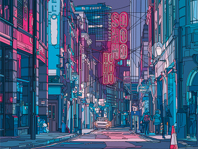 SOHO architecture art city digital illustration lights london neon painting street