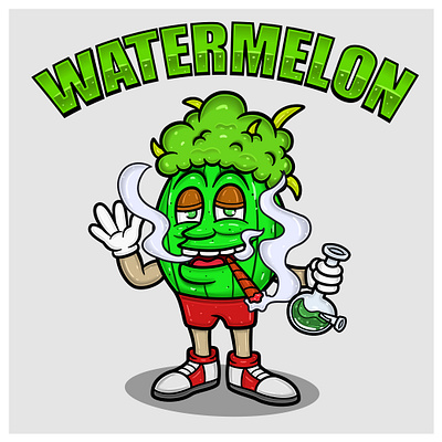 Watermelon Fruit Cartoon Character With Bong and Smoking. drug