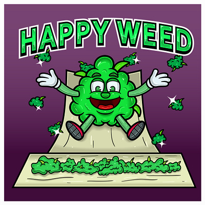 Weed Bud Cartoon On Cigarette Paper, Happy Weed and Slide Down graphic design leaf