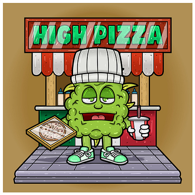 Weedbud Holding Pizza and Drink Character Cartoon. medicine