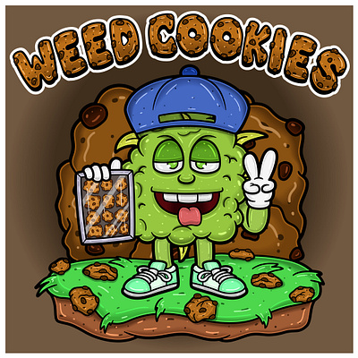 Weed Bud Mascot Cartoon Holding Cookies With Backgrounds medicine