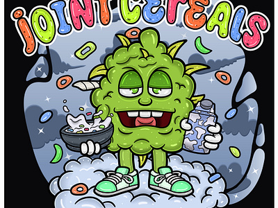 Weed Bud Mascot Cartoon Holding Cereals and Milk. medicine