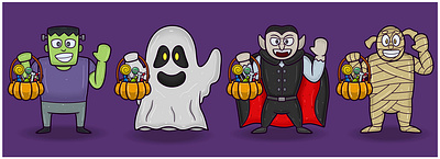 Green Zombie, White Ghost, Dracula, and Mummy. Halloween Set creative