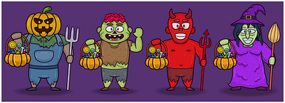 Monster Pumpkin, Zombie, Red Devil and Witch. Halloween Set. creative