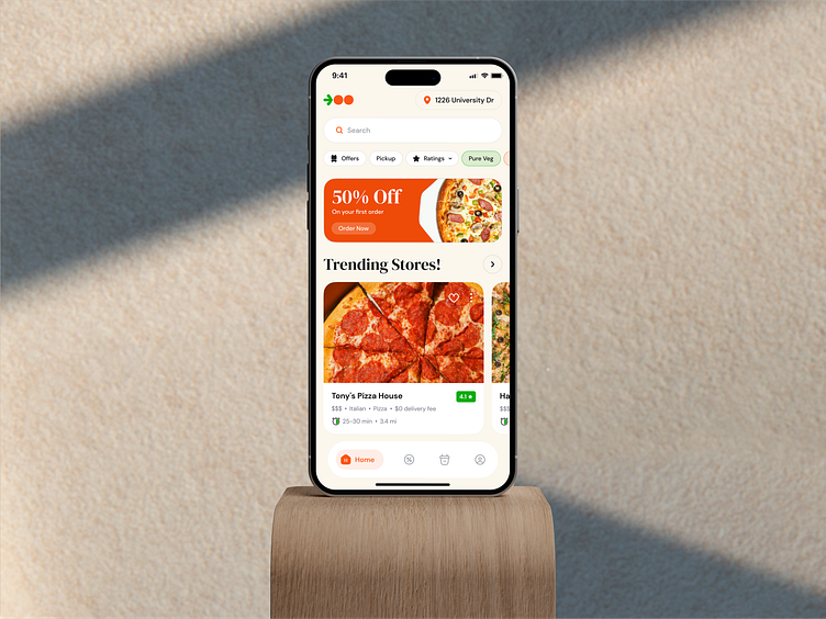 Online Pizza Delivery mobile app UI UX Design of the home page with card design, search bar