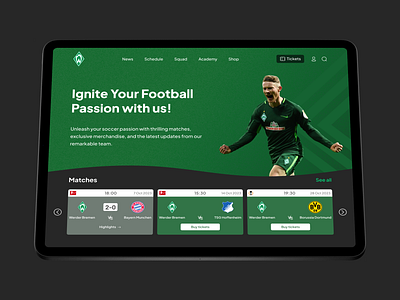 Werder Bremen Football Club bvb dark mode design football green ipad landing page macos match mockup soccer ui ux werder bremen widget