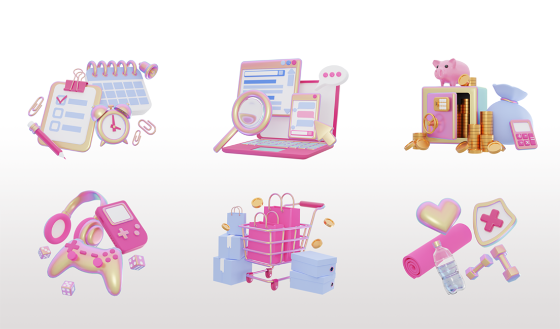 3D render business illustrations set 3d 3d render business cute gaming graphic design health healthcare holographic icon icons illustration internet money planning searching shopping web illustrations