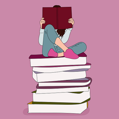 A girl sits on a mountain of books and reads app branding design graphic design illustration logo typography ui ux vector