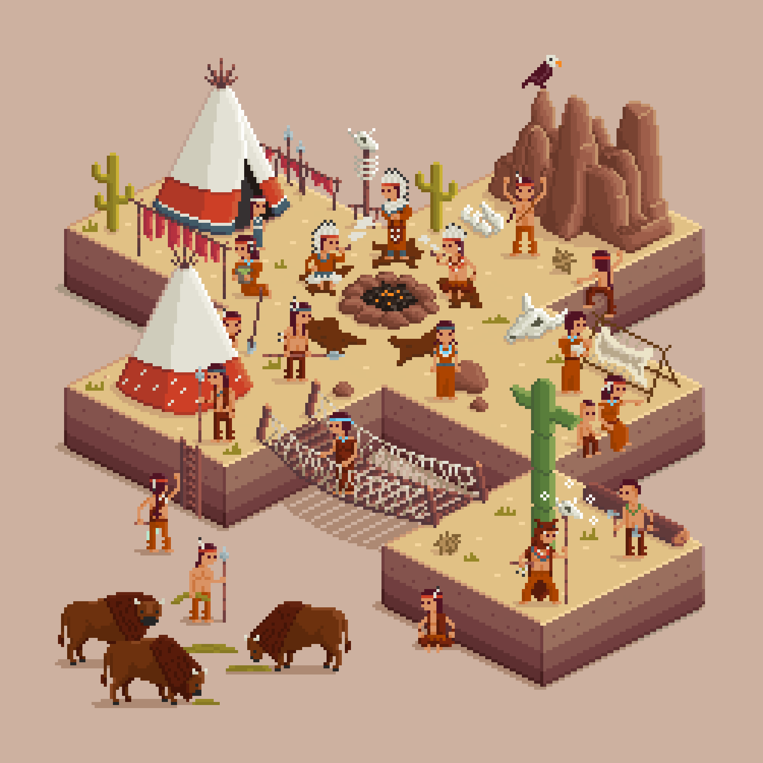 Isometric pixelart art camp design illustration indian tribes isometric native people pixel pixelart robot