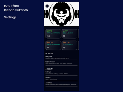 Day 7/100: Settings for a fitness centre app design settings ui