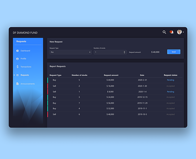 Diamond Fund - User dashboard and forms blue dark theme dashboard fund invesment ui web app