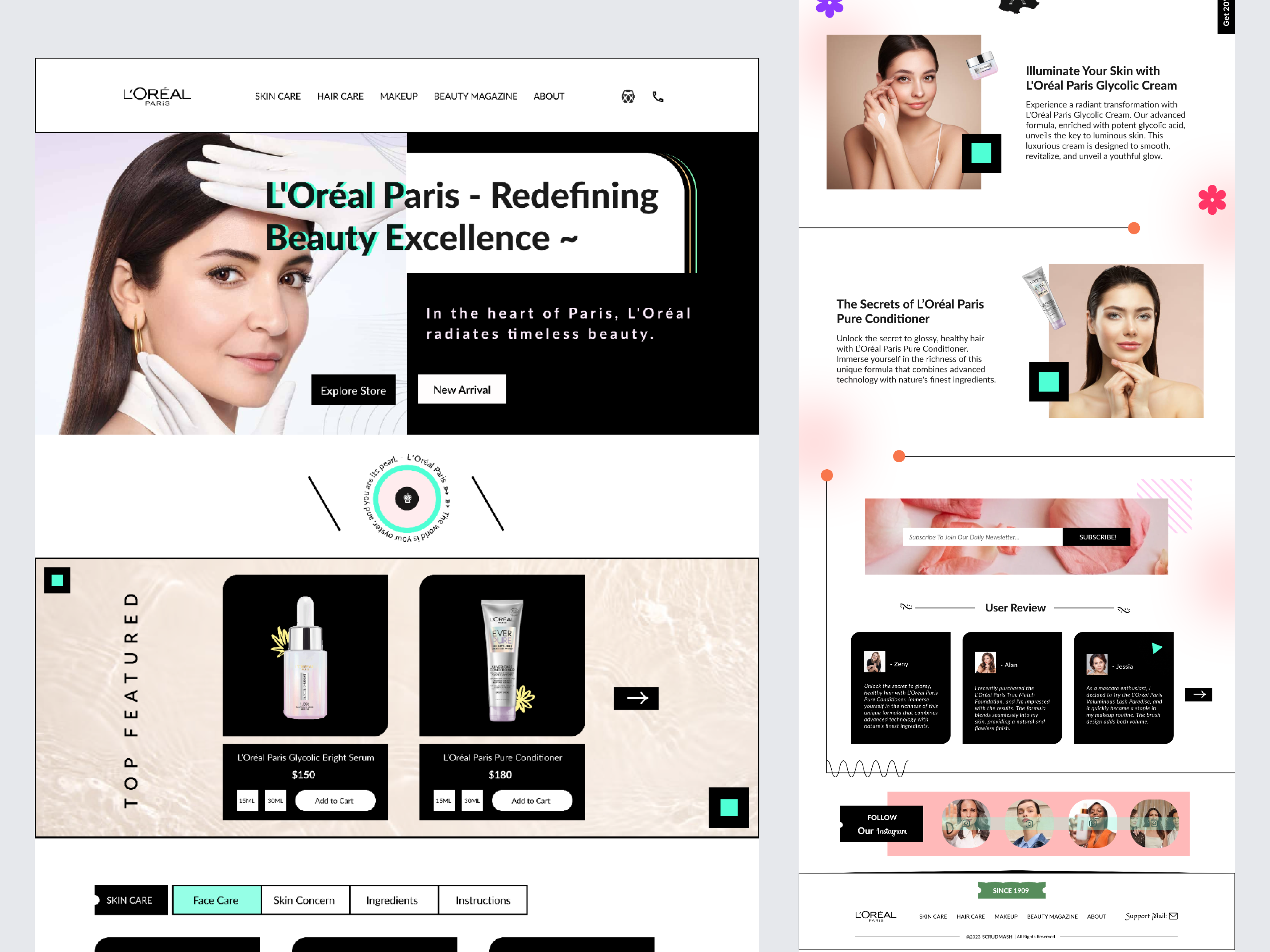 Loreal Website UI layout design with Figma. branding design figma graphic design illustration landing page landing page ui logo loreal makeup website ui ui ui design uiux uiux design user experience user experience design user interface design ux vector website ui