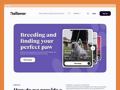 Introducing Rollover🔥 3d animation branding breeders dog logo purple ui view page website