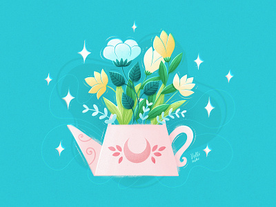 Teapot with flowers, illustration art artist blue bouquet concept design floral flowers illustration leaves moon stars tea teapot