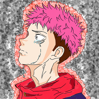 Yuji Itadori anime art background black spots crying digital art graphic design illustration nft pink red solana yuji