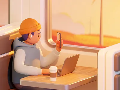 Working with a view - 3D Illustration 3d 3d character 3d illustration 3d train 3d wfa 3d working illustration rizki agus