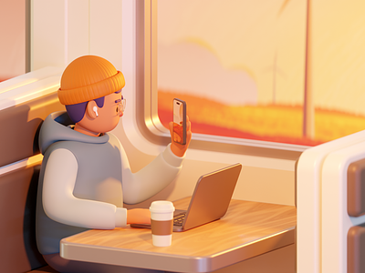 Working with a view - 3D Illustration 3d 3d character 3d illustration 3d train 3d wfa 3d working illustration rizki agus