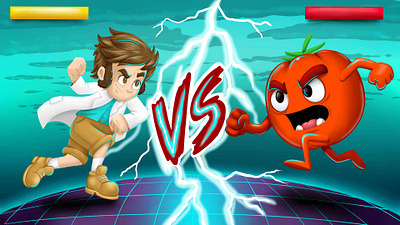 Scientist vs. Tomato monster cartoon character design illustration mascot