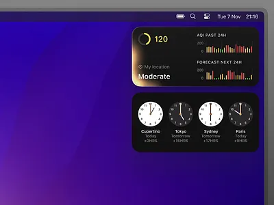 Air Quality Control Widget for Mac💨 air app aqi blur charts clean control design desktop gradient graphics icon interface minimal product quality simple statistic ui widget