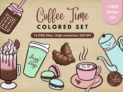Coffee Time - Colored Set coffee clipart design assets digital art digital illustration digital product graphic design illustration ipad art png images procreate drawing product listing sticker set