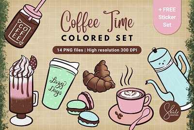 Coffee Time - Colored Set coffee clipart design assets digital art digital illustration digital product graphic design illustration ipad art png images procreate drawing product listing sticker set