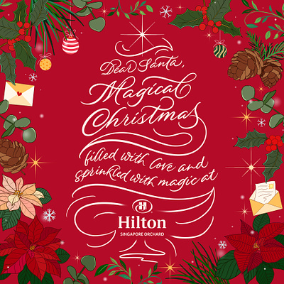 Christmas 2023 Key Visual for Hilton Orchard Singapore art calligraphy calligraphy tree christmas christmas motifs design digital art graphic design hand lettering handlettering holly leaves illustration key visual lettering modern calligraphy type typographic design typography xmas