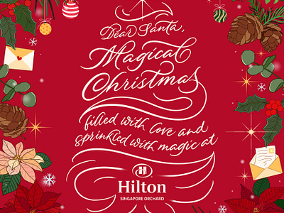 Christmas 2023 Key Visual for Hilton Orchard Singapore art calligraphy calligraphy tree christmas christmas motifs design digital art graphic design hand lettering handlettering holly leaves illustration key visual lettering modern calligraphy type typographic design typography xmas