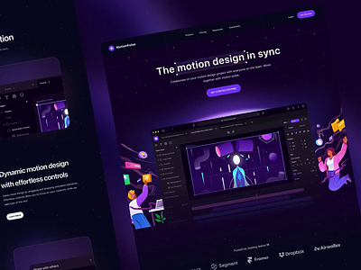 Motion Pulse: Landing Page Animation ➡️ after effects animation animation tool collaborate create dark theme dashboard design tool designer figma illustration intuitive landing page motion graphics orely purple ui design web design webapp website