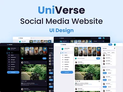 UniVerse - Social Media Website UI Design adobe illustrator adobe photoshop adobe xd dark theme design facebook figma instagram light theme social media social media website social networking social website ui ui design ui ux design ux web design website website design