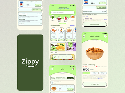 Zippy, Grocery Delivery app android app apple brutalism delivery delivery app food grocery delivery ios item card logo mobile ui product retro simple trending ui ux ui design ui trends