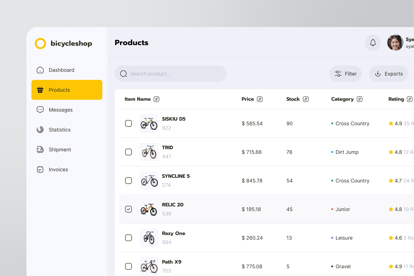 Bicycle Store - List Product admin bicyle bicyle shop bike bikeshop clean design filter items list order product product list product table shop table ui ux