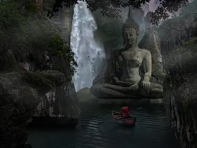 Budha Matte Painting adobe photoshop boat budha fogg matte painting mountains nature river tree waterfall