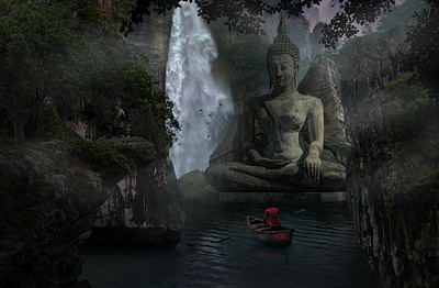 Budha Matte Painting adobe photoshop boat budha fogg matte painting mountains nature river tree waterfall