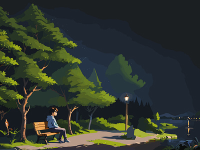 Illustration of a Night view of a park with a sad vibe animation branding creative art design flat design graphic design illustration illustrayion landsxcape logo montasir motion graphics night park