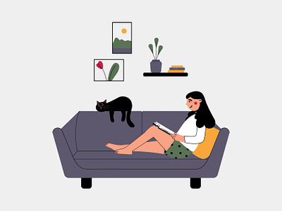 Free Girl Reading in Her Living Room Illustration book bookworm character design cute cat cute illustration flat illustration free download free illustration freebie illustration living room reader reading sleeping cat