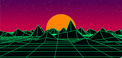 Digital retro landscape 1980s style. 3d art design digital graphic design horizon illustration landscape neon night terrain